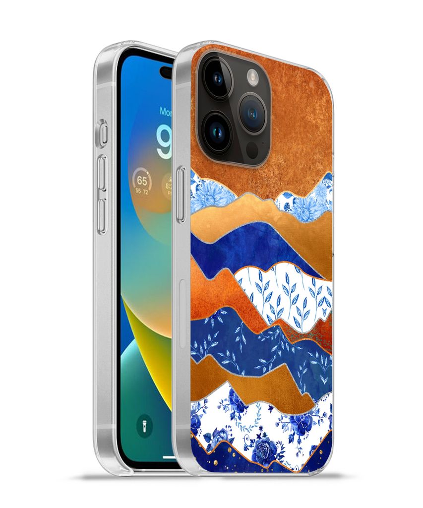 MuchoWow Handyhülle Schutzhülle Hülle für Apple iPhone 14 Pro Max Delfter Blau - Gold - Blumen Silikon Softcase Handy Hülle - Hardcover