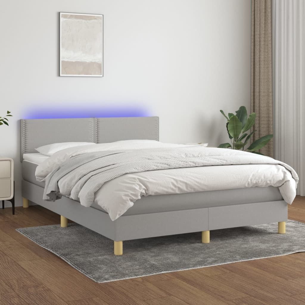 vidaXL Boxspringbett mit Matratze & LED Hellgrau 140x200 cm Stoff - Boxspringbett - Boxspringbetten - Bett - Schlafzimmermöbel