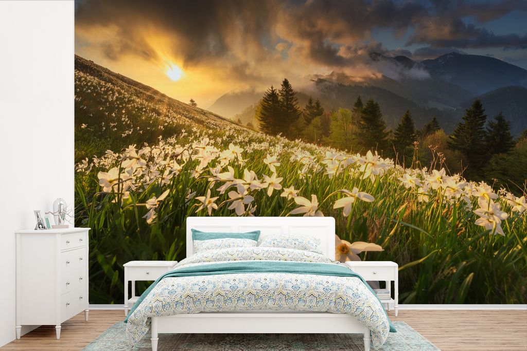 MuchoWow Fototapete für Wohnzimmer oder Schlafzimmer Wandtapete Vinyl Motivtapete Blumenfeld - Hügel - Sonnenuntergang - Berg - Natur - Weiß -...