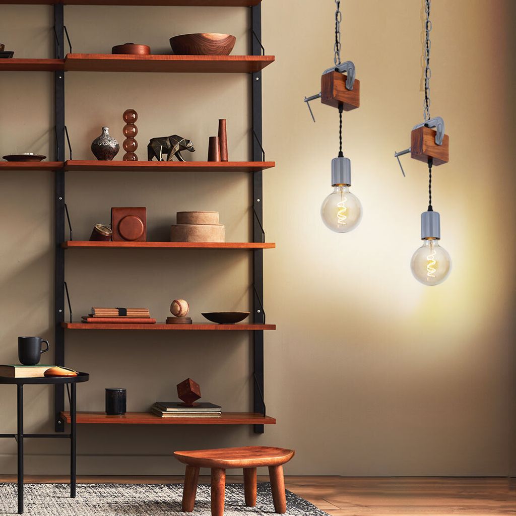 2er Set Hängeleuchte, Holz verzinkt, Schraubzwinge, H 120cm