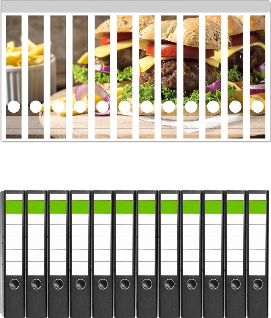 Wallario 12 Stück schmale Ordner inkl. Klebeetiketten mit Motive Saftige Burger auf Holzbrett - Set mit Rückenschildern / Ordnerrücken Stickern