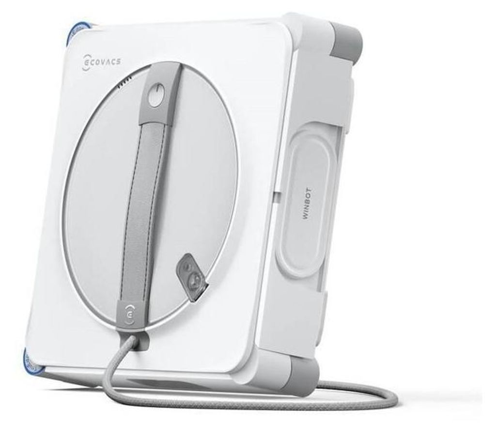 A white and gray window cleaning robot is shown from a side angle against a white background.