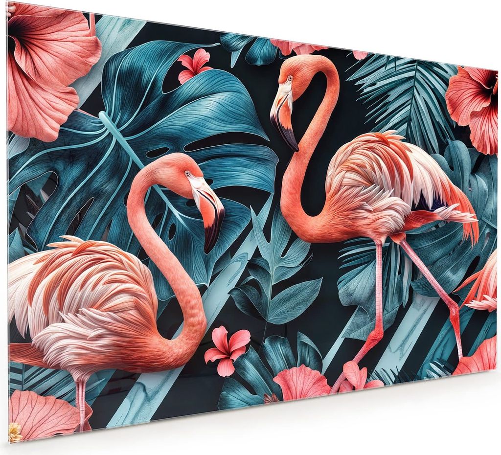 Küchenrückwand Spritzschutz Glas mit Motiv Flamingos und Blumen 40 x 40 cm