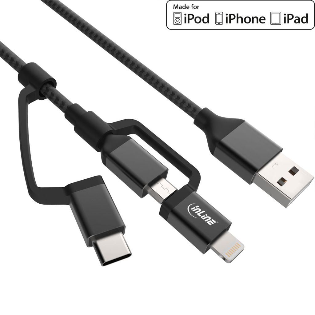 InLine 3-in1 USB Kabel, Micro-USB/Lightning/USB-C, schwarz/Alu, 1,5m MFi
