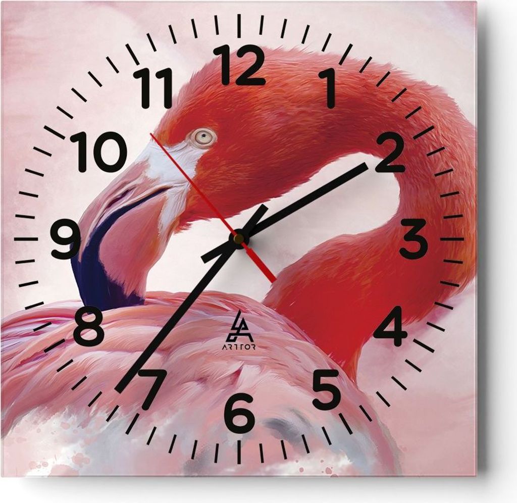 Wanduhr - Quadrat - Glasuhr - Flamingo Vogel Porträt - 30x30cm - Schleichendes Uhrwerk - Lautlos - zum Aufhängen bereit - Dekoration Modern - Wan...