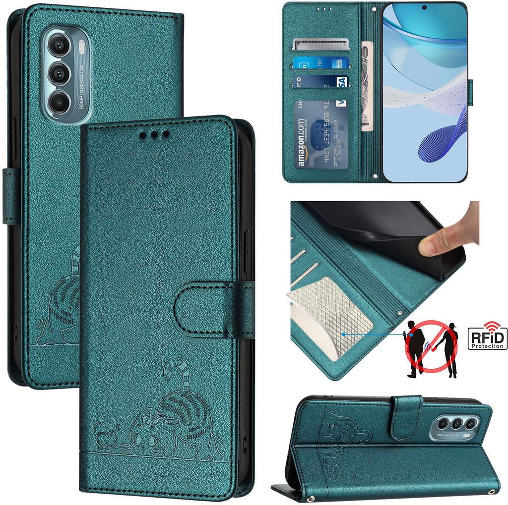 Leder Hülle für Motorola Moto G Stylus 5G (2022) Süße Katze Flip Case Brieftasche Schutzhülle mit Standfunktion Grün