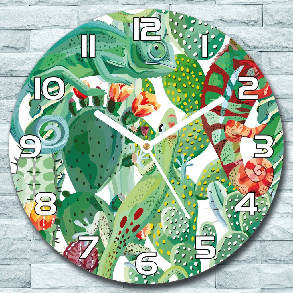 Wanduhr aus Glas Rund fi 30 Exotische Chamäleons Quarz Deko Produktbild 