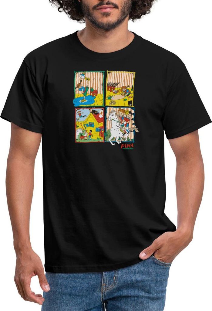 Spreadshirt Pippi Langstrumpf Und Ihre Freunde Kacheln Männer T-Shirt, 4XL, Schwarz
