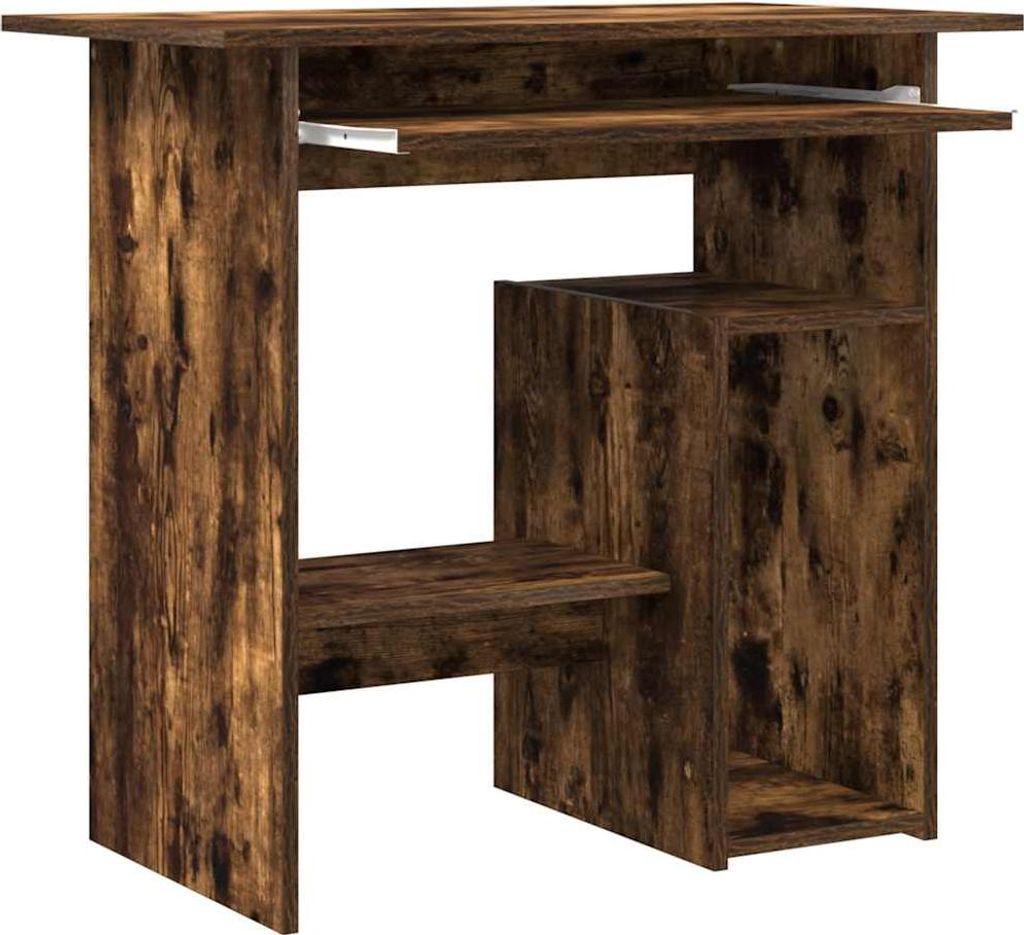 A wooden desk with shelves against a white background.