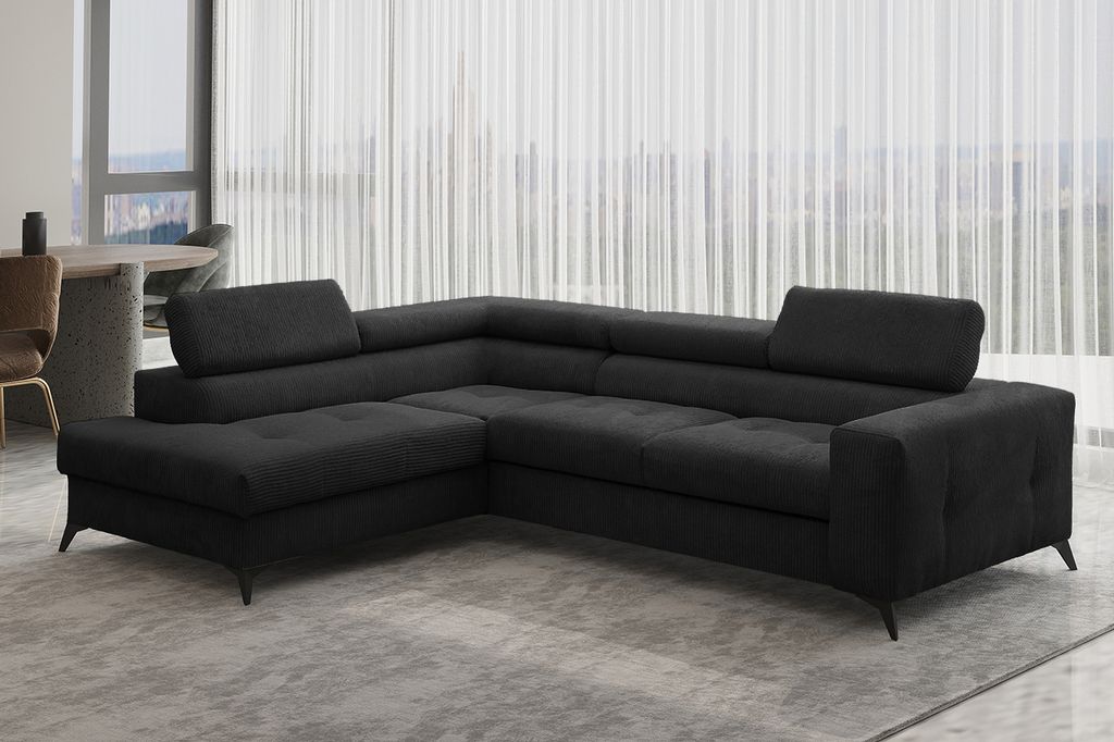 Kaiser Möbel Ecksofa mit schlaffunktion und bettkasten, Sofa L-form, Couch L-form Arcadi Dicker Cord Schwarz Links