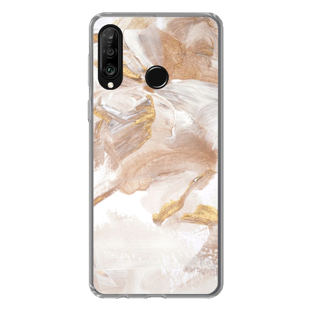 MuchoWow Handyhülle Schutzhülle Hülle für Huawei P30 Lite Wasserfarbe - Gold - Braun Silikon Softcase Handy Hülle - Handyhülle