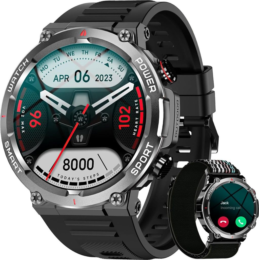 A smartwatch is displayed with its screen showing various health metrics and a date.