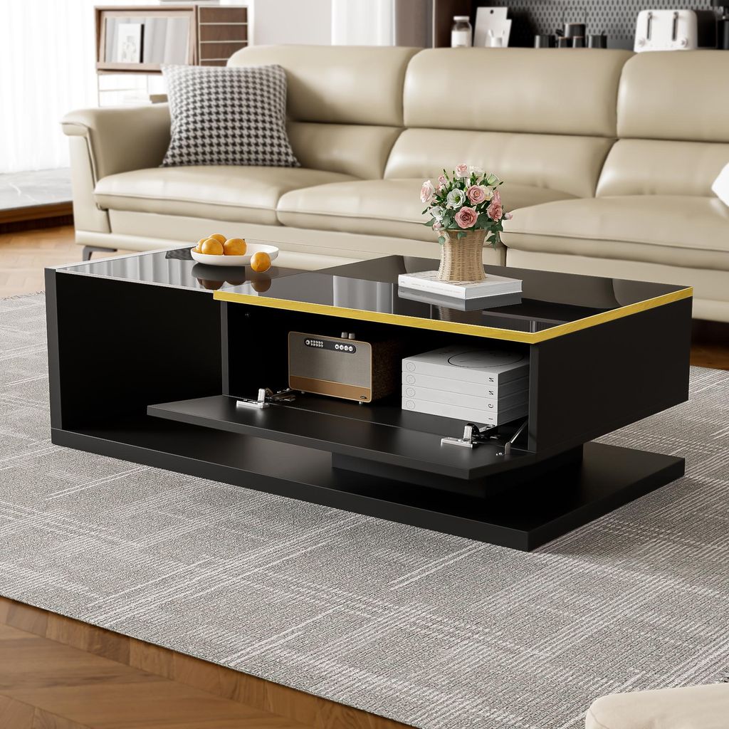 okwish Moderner Couchtisch Sofatisch mit Hochglanz und Glasdesktop Design,100cm Beistelltische mit 16 Farben LED-Beleuchtung,reichlich Platz,Schwarz
