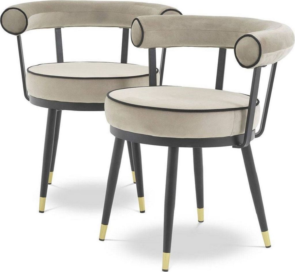Casa Padrino Luxus Esszimmerstuhl Set Greige / Schwarz / Messing 66 x 59 x H. 70 cm - Esszimmerstühle mit edlem Samtstoff - Esszimmer Möbel