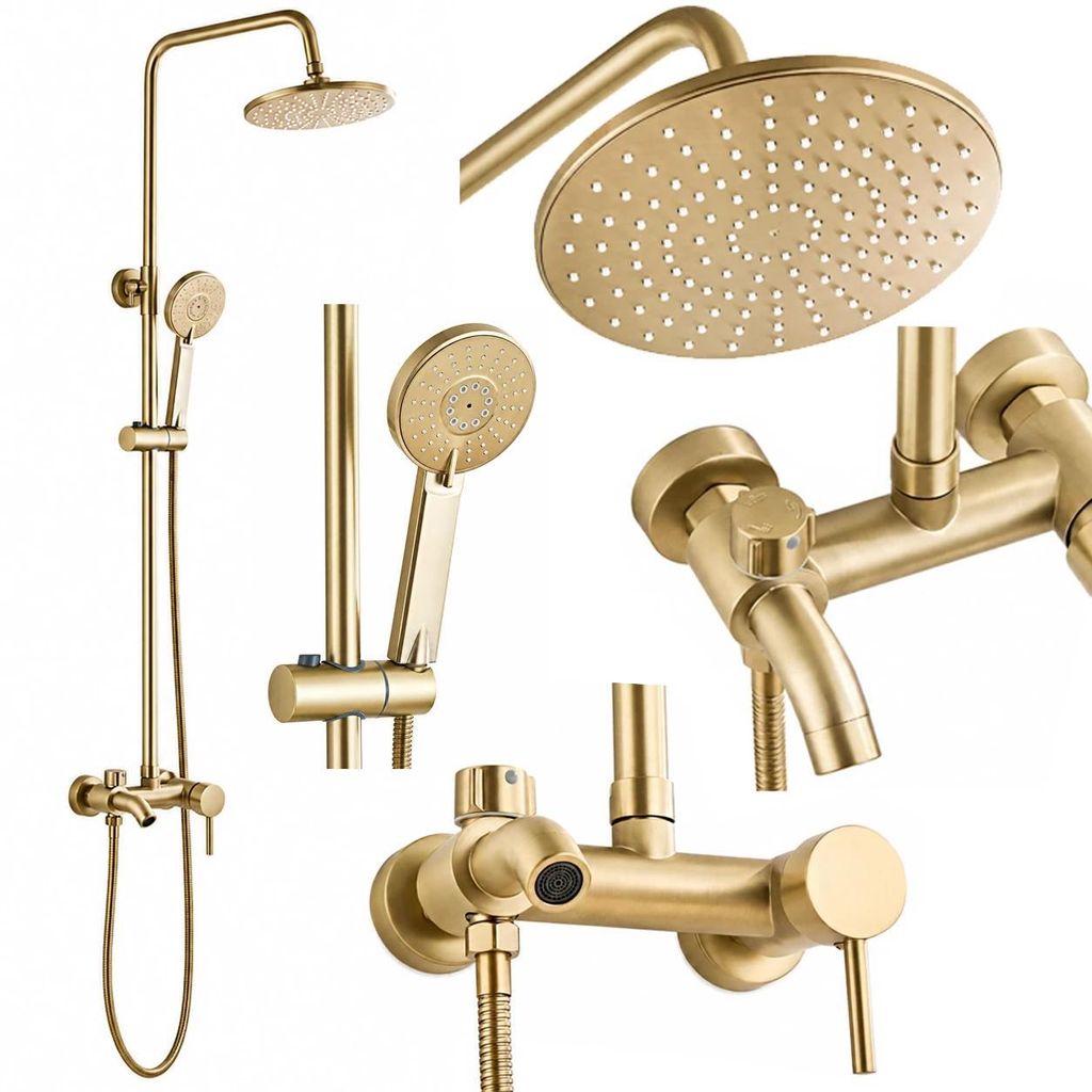 Aufputz-Duschsystem Gold gebürstet mit Regendusche, Produktbild 