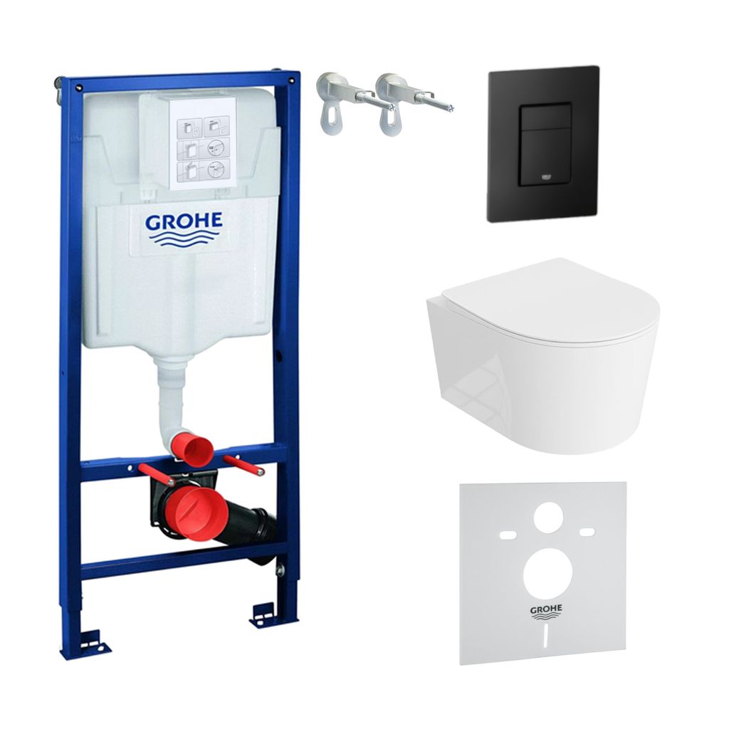 GROHE Vorwandelement Solido + Wand Hänge WC Loso Weiß Spülrandlos + WC-Sitz SoftClose | Schwarzer Knopf | Komplettset | Unterputz Spülkasten | ...
