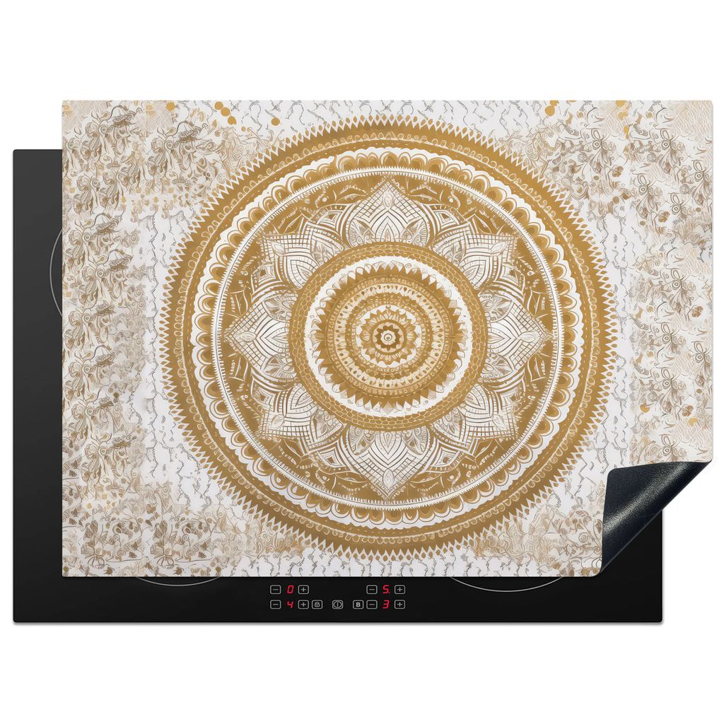 KitchenYeah Herdabdeckplatte Mandala - Blumen - Gold - Weiß - Design , 71x52cm, Küche Deko, Glaskeramikkochfeld Herdabdeckung, Abdeckplatte fù...