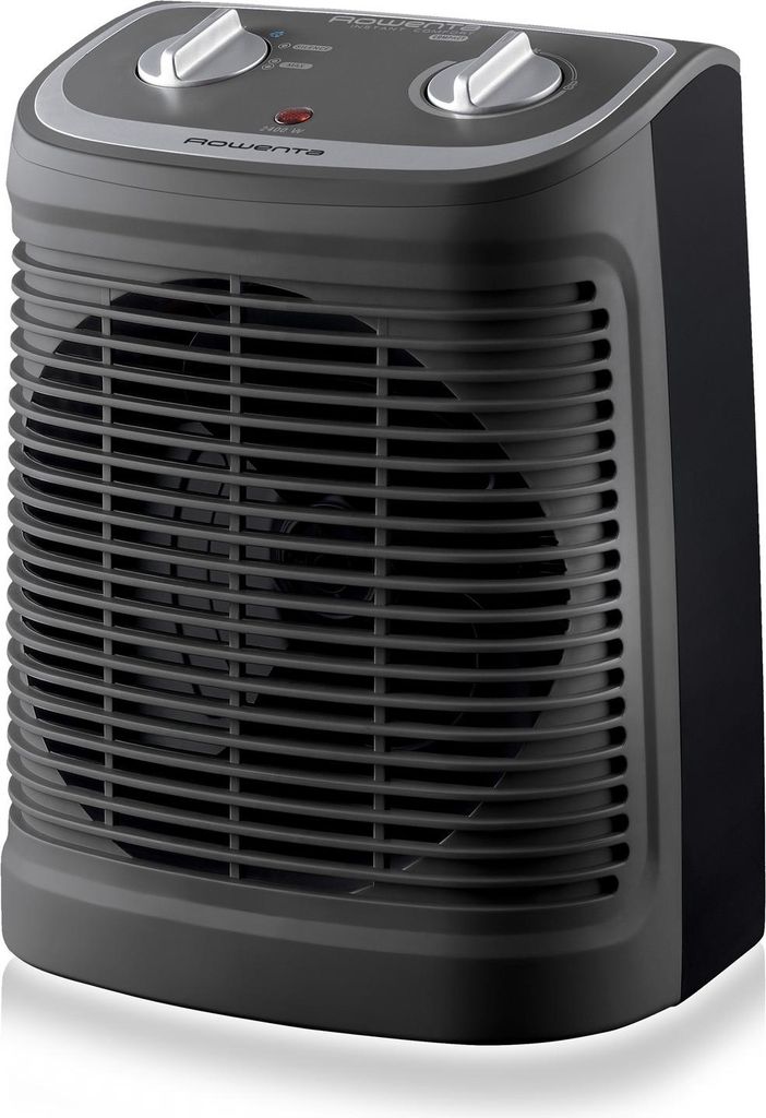 A dark gray Rowenta electric heater is shown from a three-quarter angle against a white background.