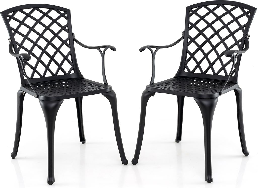 Two black metal garden chairs are shown from the front on a white background.