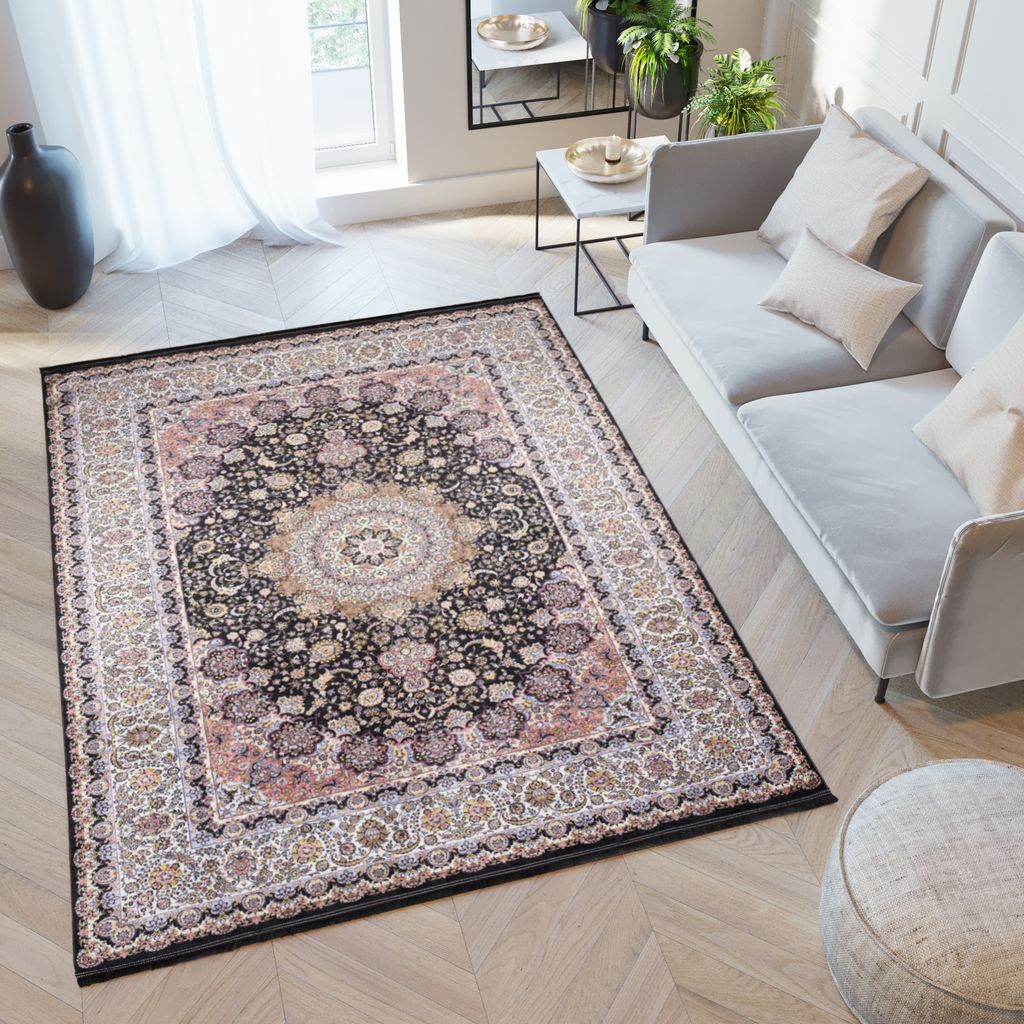 Teppich Fransen Wohnzimmer Schlafzimmer Kurzflor Modern Design Beige Schwarz 120 x 170 cm