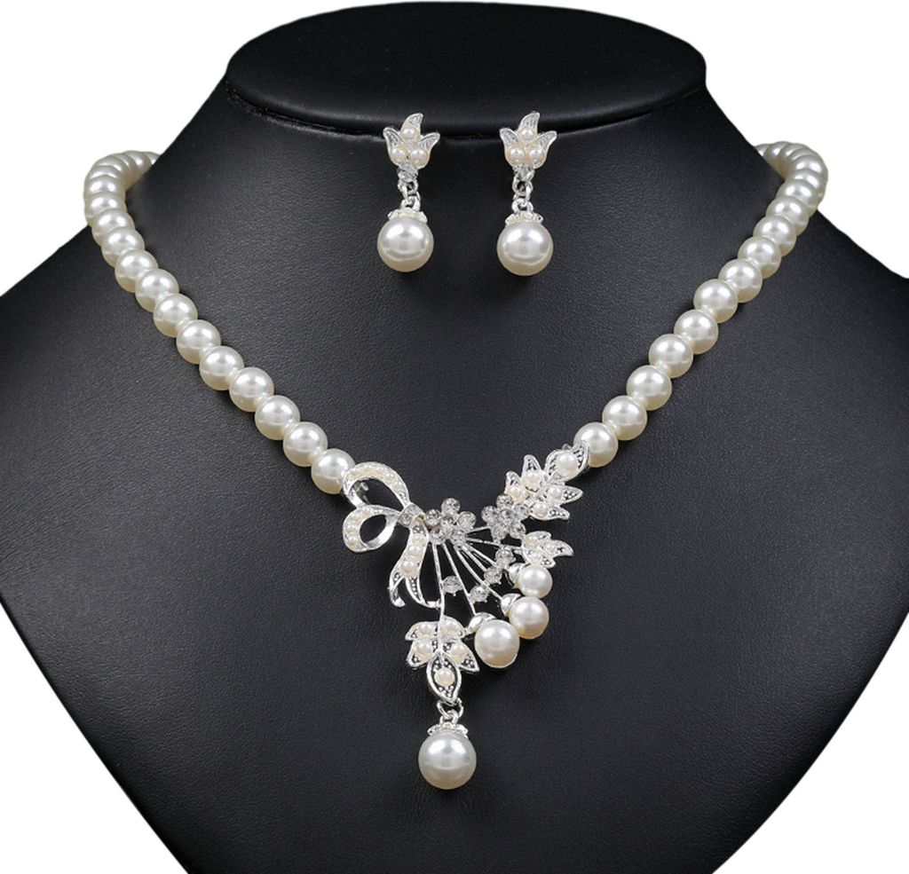 2 Teile/satz Hochzeit Strass Blume Anhänger Schmuck Set Imitation Perle Einstellbare Halskette Drop Ohrringe Set