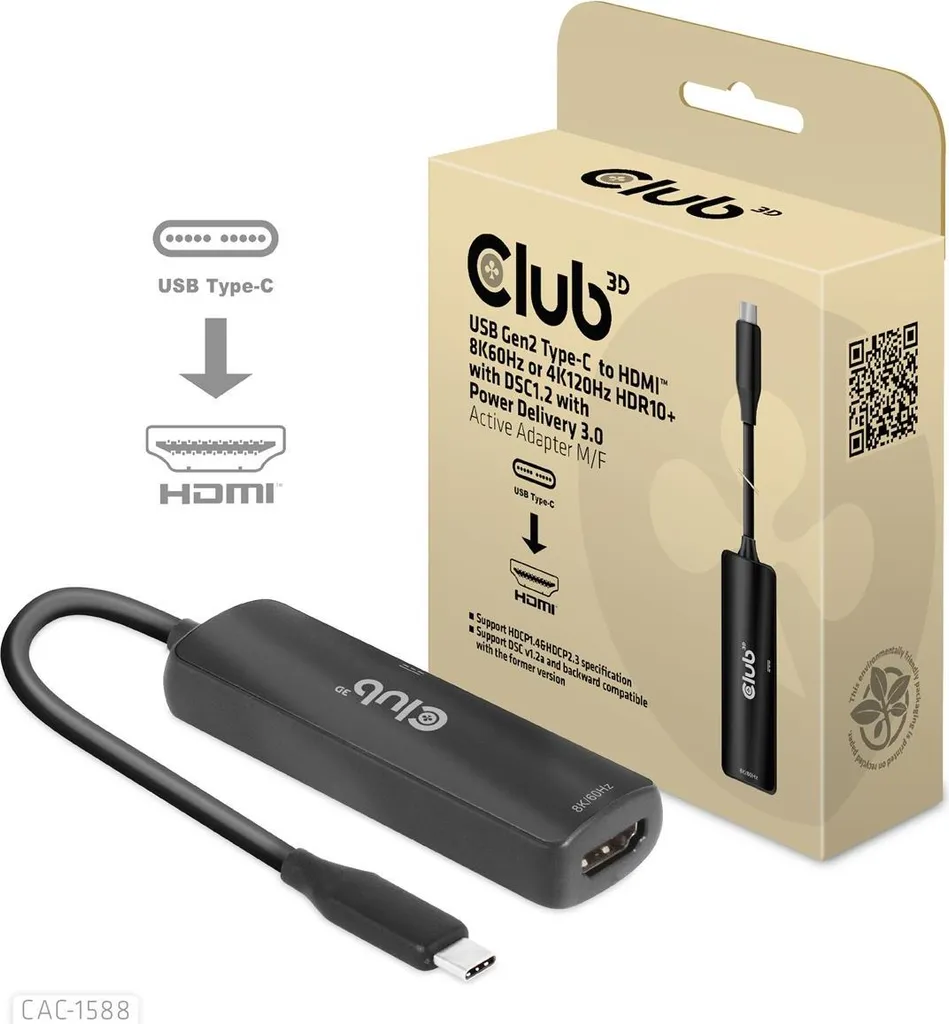 Club3D Adattatore USB Type-C a HDMI 2.1 8K DSC 1.2 PD 100W Attivo