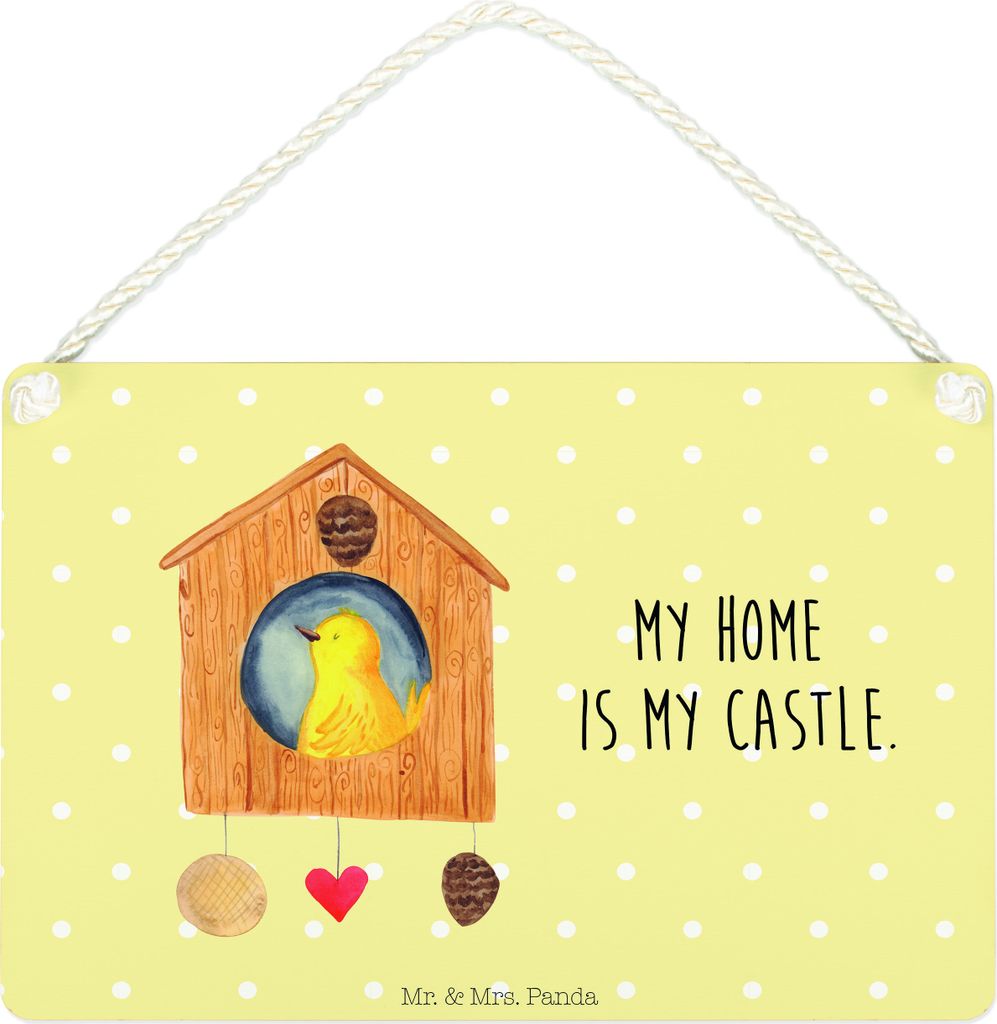 Mr. & Mrs. Panda Schild Vogel Haus DIN A4 - Gelb Pastell - Geschenk, Home Sweet Home, holzbild, wandtafel, Familie, Vögel, Castle, Wandbild Holz, ...