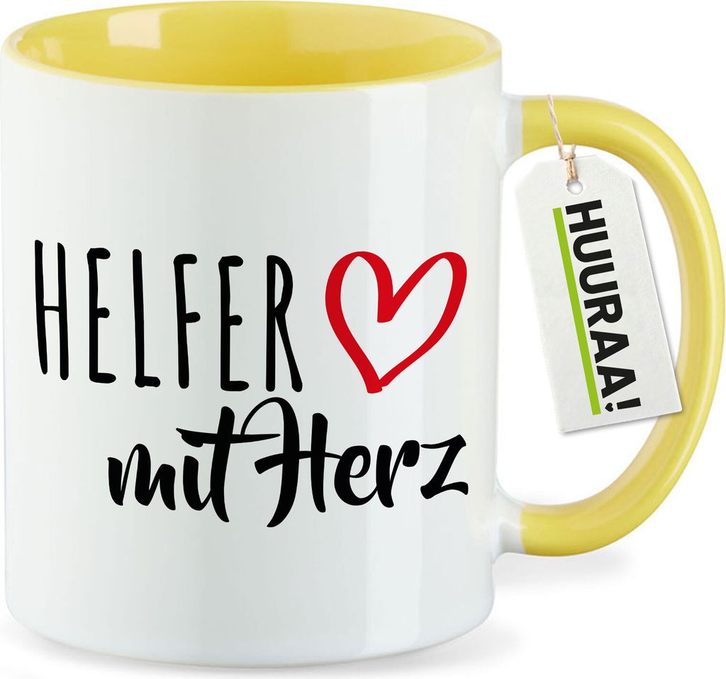 Huuraa Keramiktasse Helfer mit Herz Geschenk 330ml Gelb Helfer Überraschung