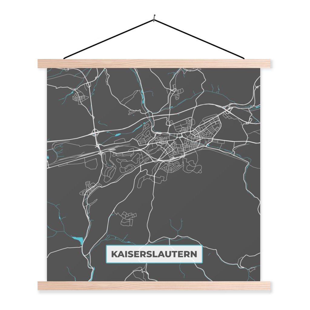 MuchoWow Textilposter Stadtplan - Karte von Deutschland - Blau - Kaiserslautern - Karte 40x40 cm mit holzfarbenen Rahmen - Posterleiste