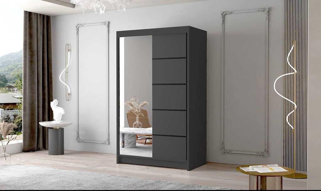 Schwebetürenschrank 2-türig Schrank 120 cm mit Regalen Moderne Kleiderschrank Garderobe für Kleidung Modell FALCO IV WEISS