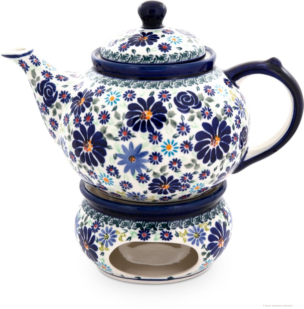 Bunzlauer Keramik 1,25L Teekanne mit Stövchen – Klassische, rundliche Form mit elegant geschwungenem Ausguss, Nachbildung DU126