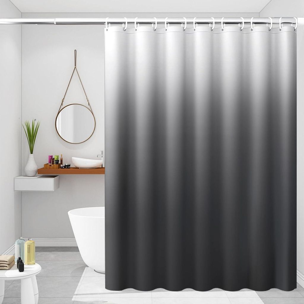Grauer Duschvorhang aus PEVA mit Farbverlauf, 180 x 200 cm, wasserdicht, waschbar, mit 12 weißen Ringen
