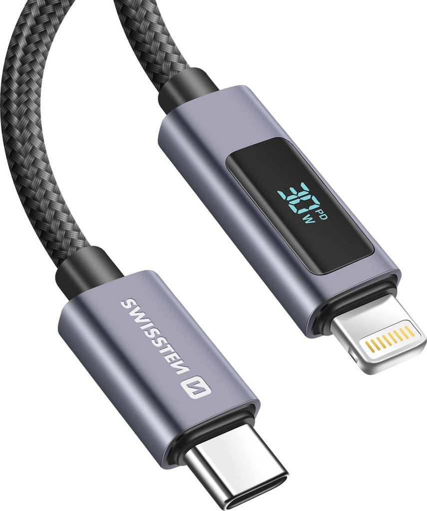 Swissten, Ladekabel 3A USB-C auf Lightning 30W 1 m mit LED, Schwarz