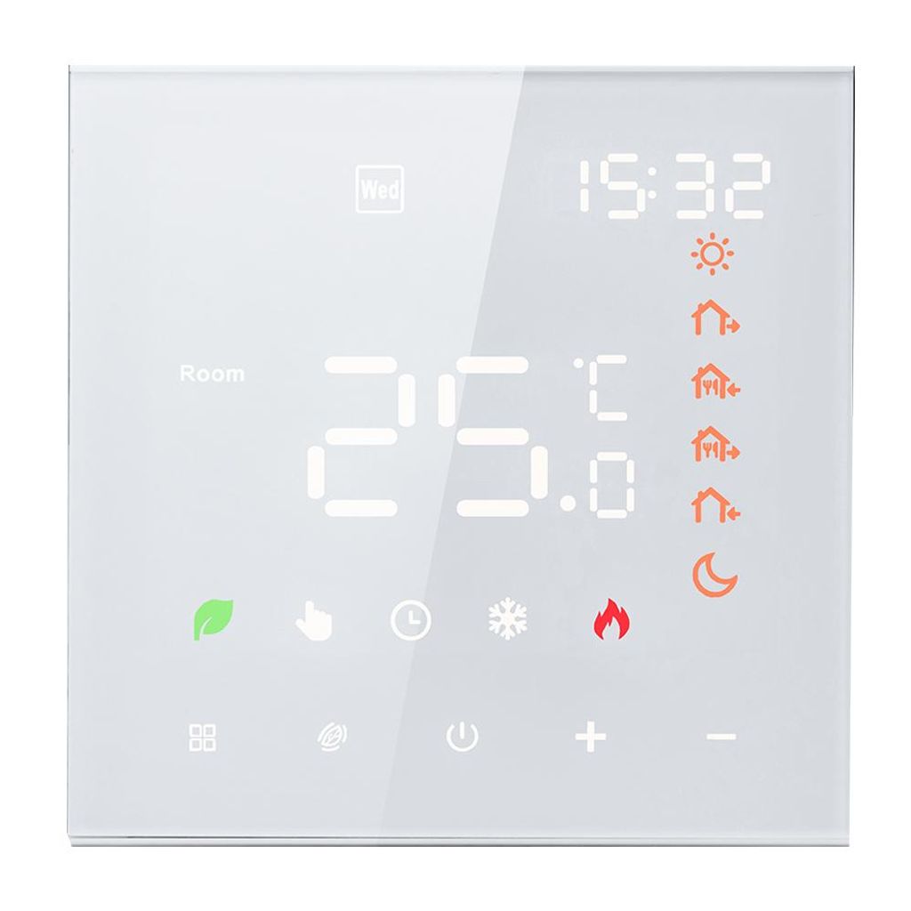 A digital thermostat display with temperature and time.