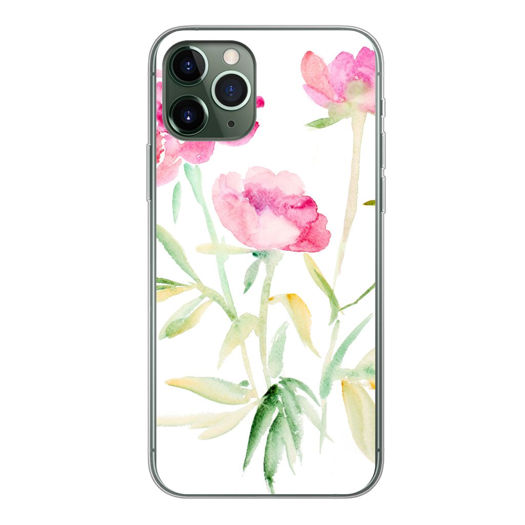 MuchoWow Handyhülle Schutzhülle Hülle für iPhone 11 Pro Blumen - Aquarell - Rosa Silikon Softcase Handy Hülle - Handy
