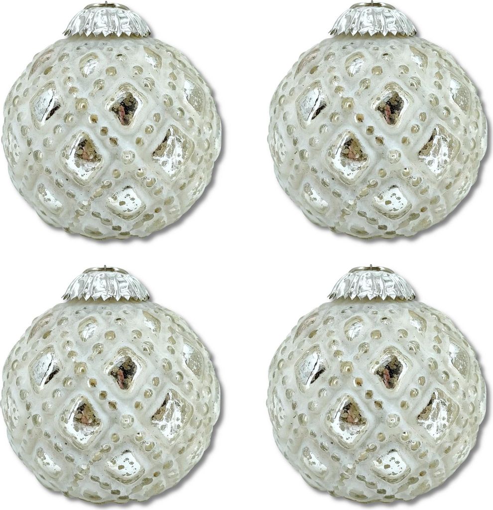 Glas Weihnachtskugel weiß silber - A - 4 Stück 8,5 x 10cm Produktbild 