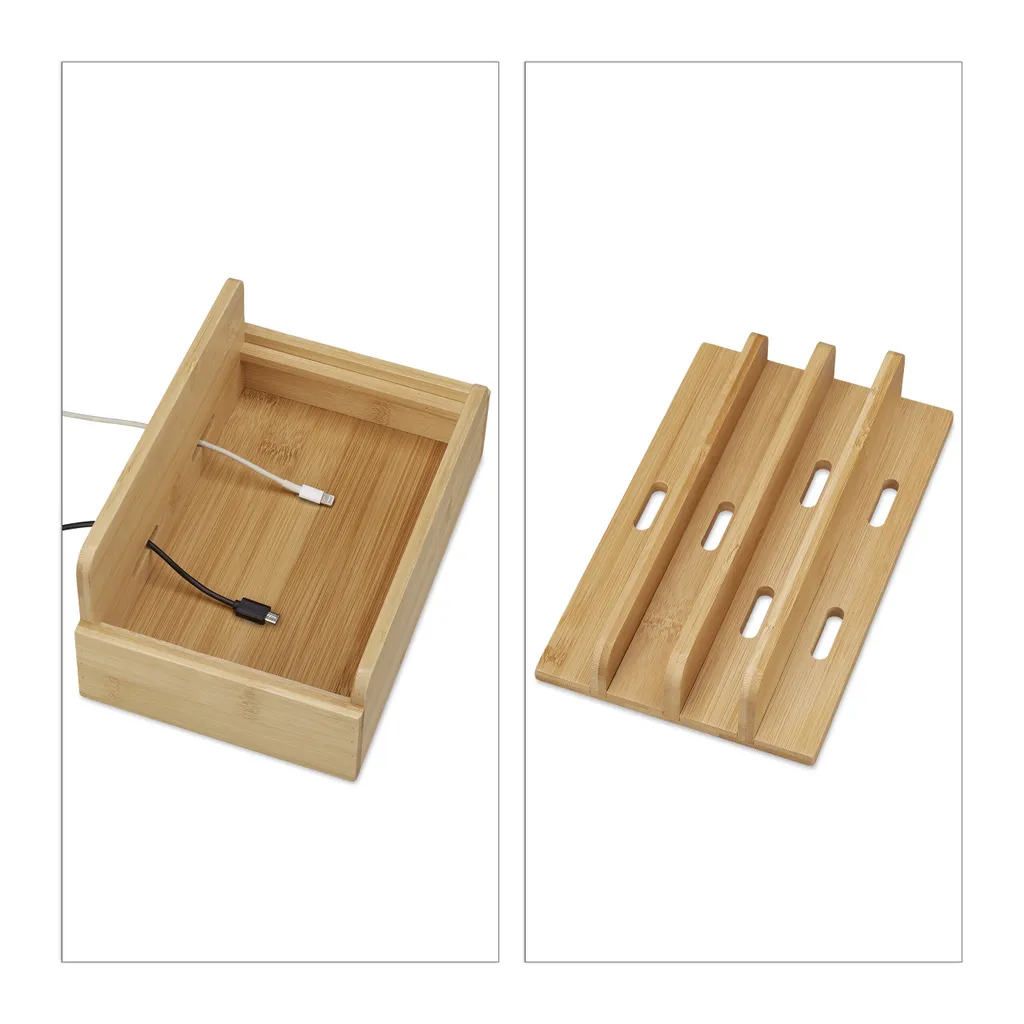 Stazione Di Ricarica In Bambù Con Magnete - Organizer Da Scrivania Per Smartphone, Smartwatch, AirPods - Include Caricatore USB 5 Porte E 5 Cavi