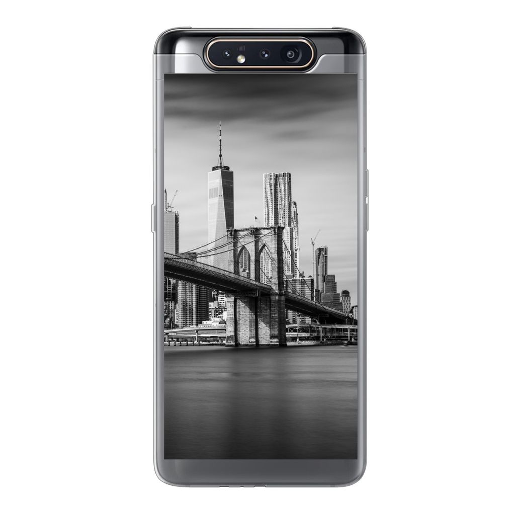 MuchoWow Handyhülle Schutzhülle Hülle für Samsung Galaxy A80 Architektur - New York - Brooklyn Bridge - Wasser - Schwarz und weiß Silikon So...