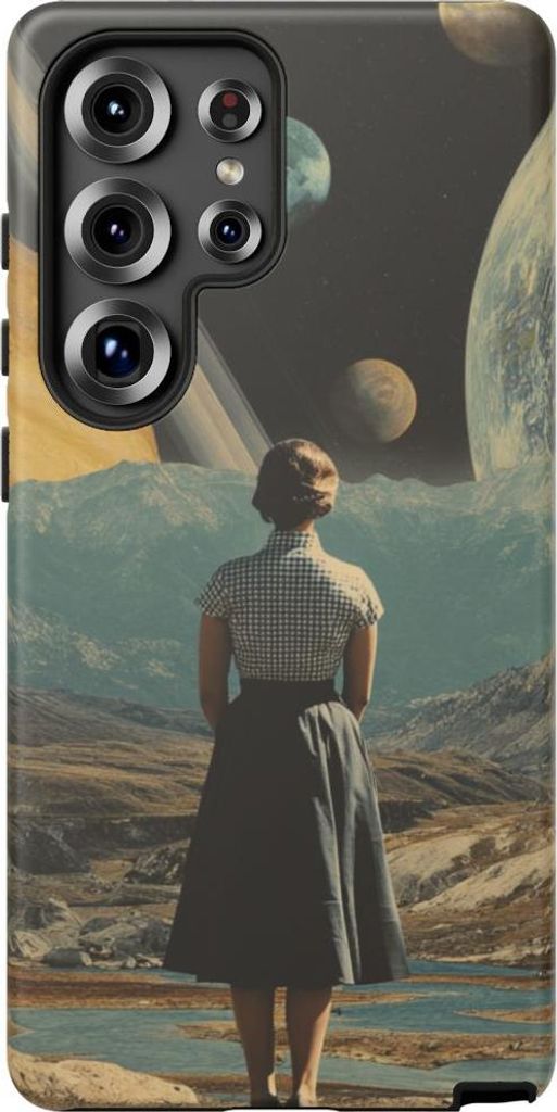 Frau im 50er-Jahre-Kleid mit realistischen Planeten – Hülle Kompatibel mit Samsung Galaxy S25 Ultra