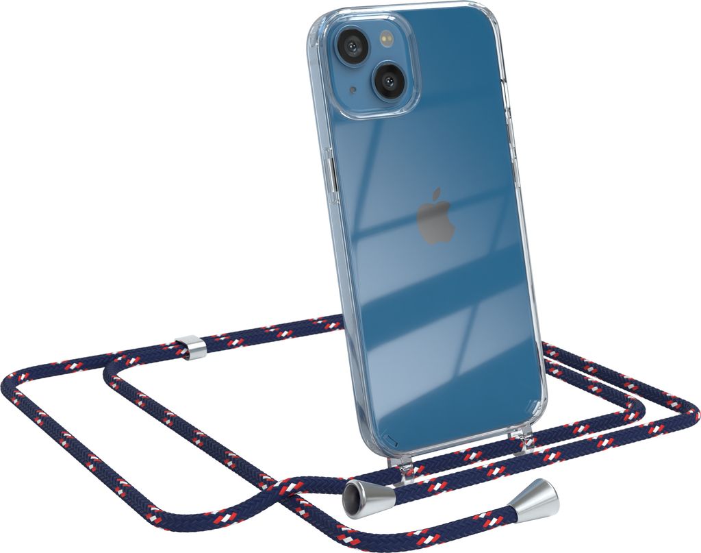 EAZY CASE Handykette kompatibel mit Apple iPhone 13, Handyhülle mit Umhängeband, Handykordel, Schutzhülle Clear, Band in Blau