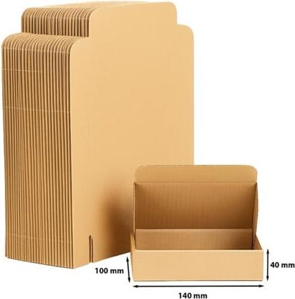A stack of folded cardboard boxes and one open box with dimensions indicated.