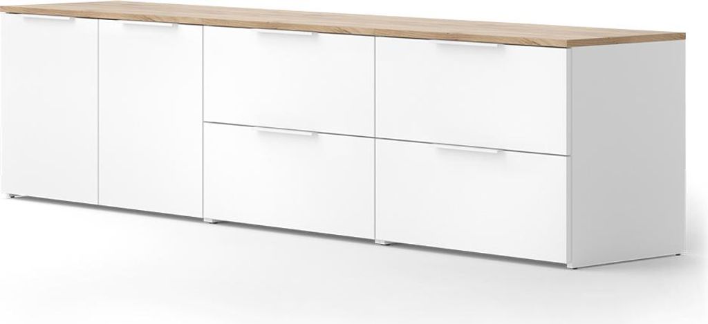 A long, white sideboard with a wooden top, shown against a white background.