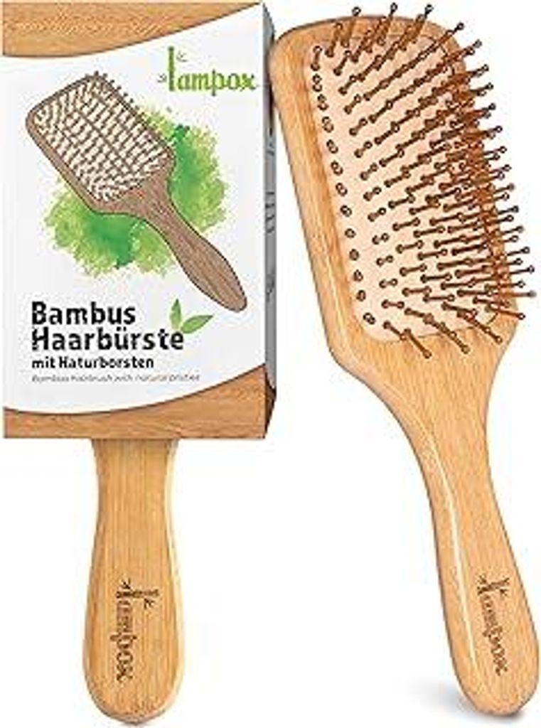 lampox - Bambus Haarbürste Holz mit Naturpins, Paddle Brush, Pins aus Bambus, Entwirrbürste, Detangler, antistatisch, Anti-Frizz, Lockenbürste, ...