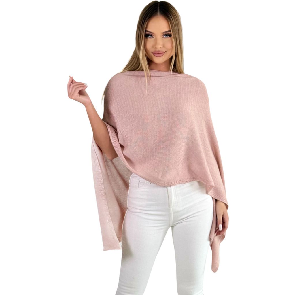 221 Mississhop Damen Poncho Cape Überwurf Strickjacke feiner weicher Strick Pullover Herbst Winter One Size Altrosa