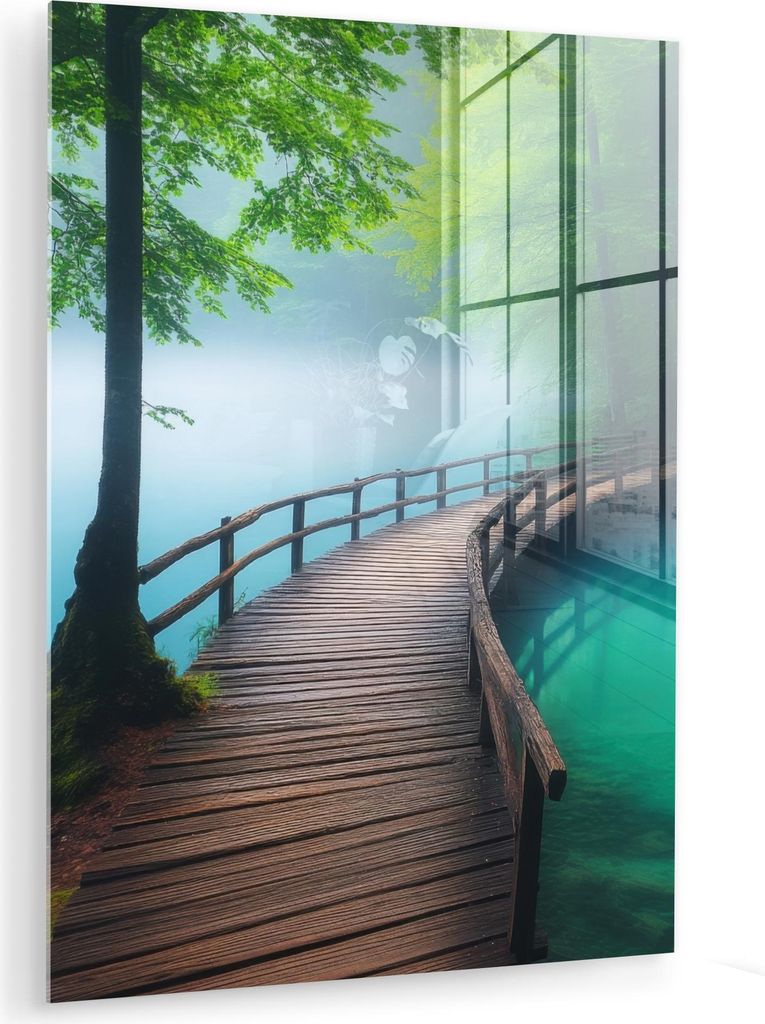 MuchoWow Glasbilder - Bilder auf Wandbild - Foto auf Glas Brücke - Wasser - Fluss - Wald 60x80 cm Wanddekoration aus Glas - Acrylglasbild - Acrylb...