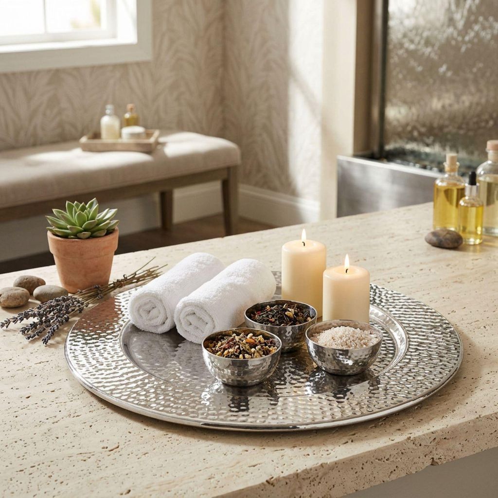 Großes Rundes Tablett aus Metall Nizza Silber 60cm groß