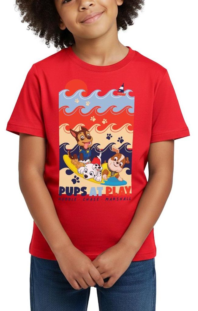Spreadshirt Paw Patrol 'Pups At Play' Rubble Chase Marshall Kinder T-Shirt, 122/128 (7-8 Jahre), Rot