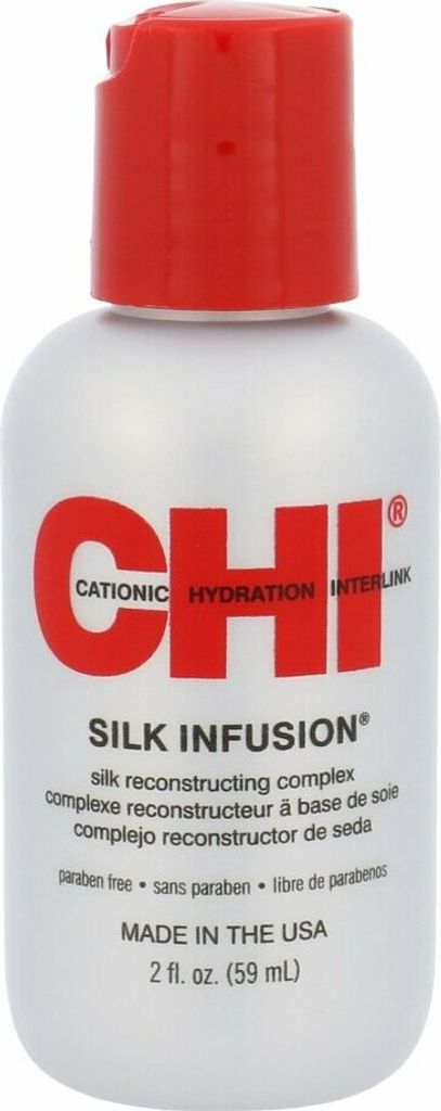 A close-up studio shot of a CHI Silk Infusion bottle against a white background.
