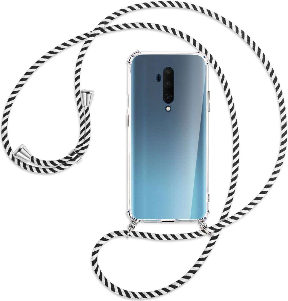 Handykette Backcover-Schutzhülle mit Band (Metall silberfarben) für OnePlus 7T Pro - schwarz/weiß gestreift