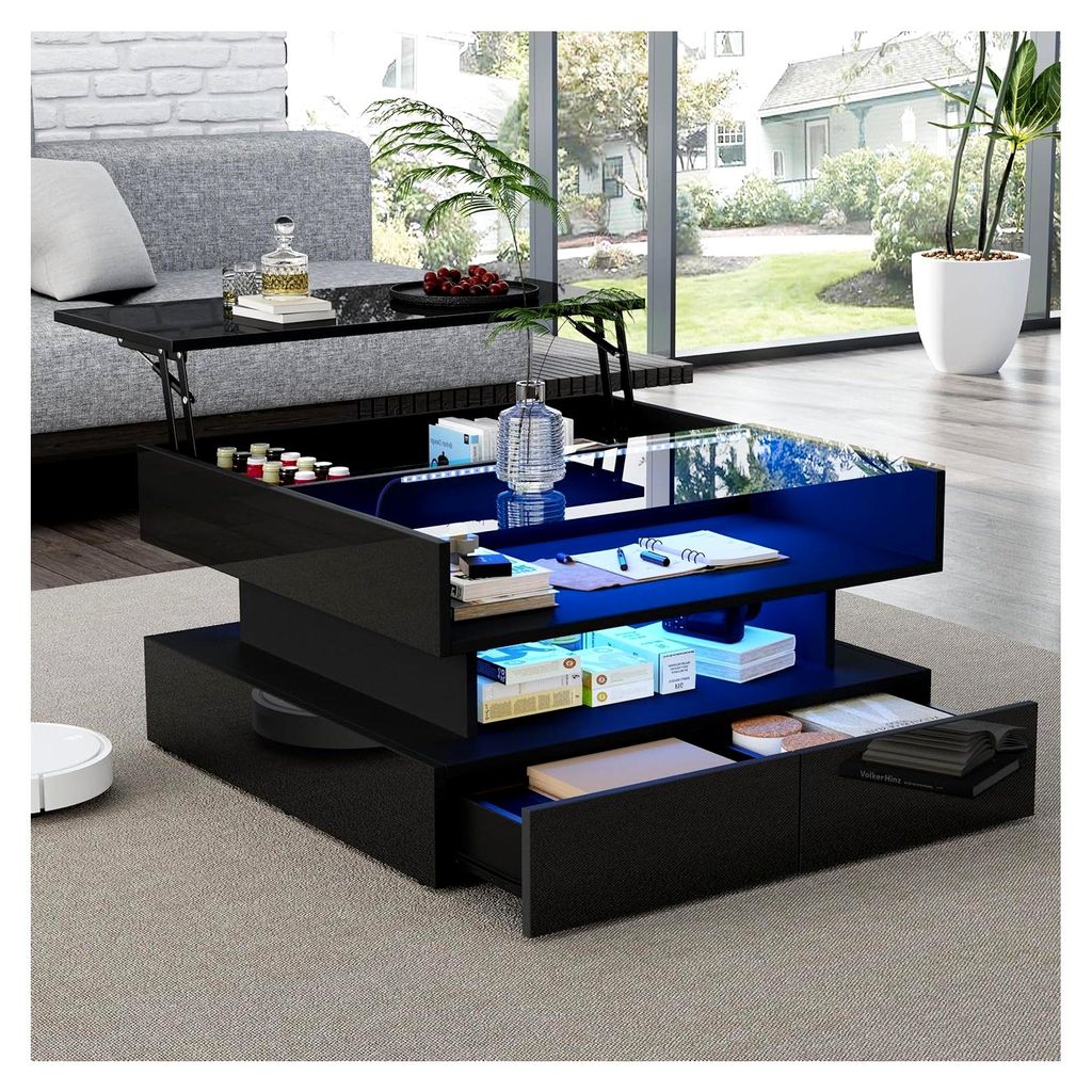 Couchtisch 80 x 80 x 45 cm, höhenverstellbar, mit verstecktem Stauraum und 2 Schubladen, Sofatisch mit Stimmungsbeleuchtung, Wohnzimmertisch aus g...
